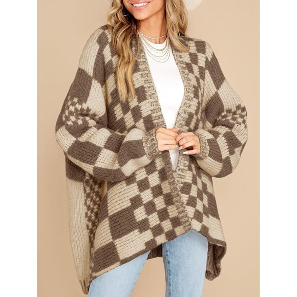 Women's Oversized Checkered Knit Cardigan Color Block Plaid Long Sleeve - Picture 2 of 5
